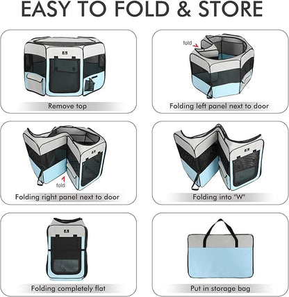 X-ZONE PET Dog Playpen Portable Pet Play Pens for Puppies, Cat, Rabbit, Chicks, Foldable Exercise Play Tent Kennel Crate, Indoor/Outdoor Travel Camping Blue Large