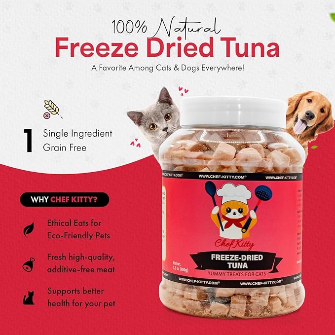 Tuna Cat Treats, 100% Wild Caught | Freeze Dried Dog Treats, High Protein | Grain-free, Single Ingredient Cat & Dog Food Toppers | No Additives or Preservatives | Inspected & Tested in USA | 3.5 oz