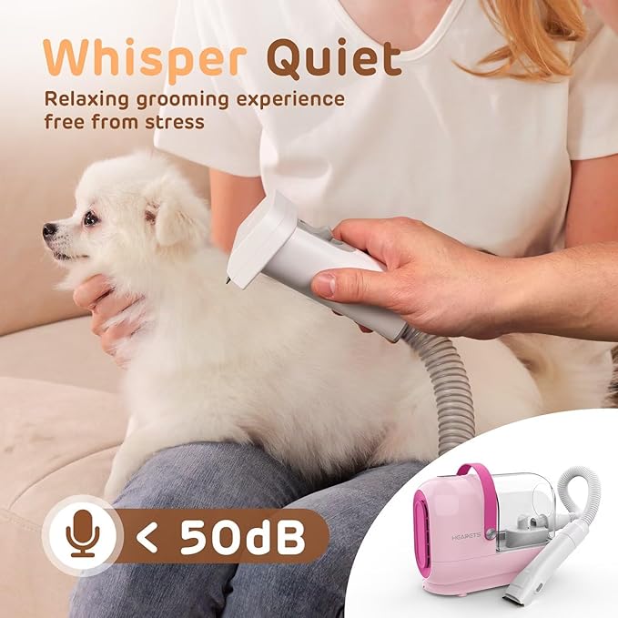 HEAPETS Dog Grooming Vacuum Kit - 3L Vacuum with 7 Tools, Low Noise Electric Clipper and Brush for Pet Shedding at Home, Pink