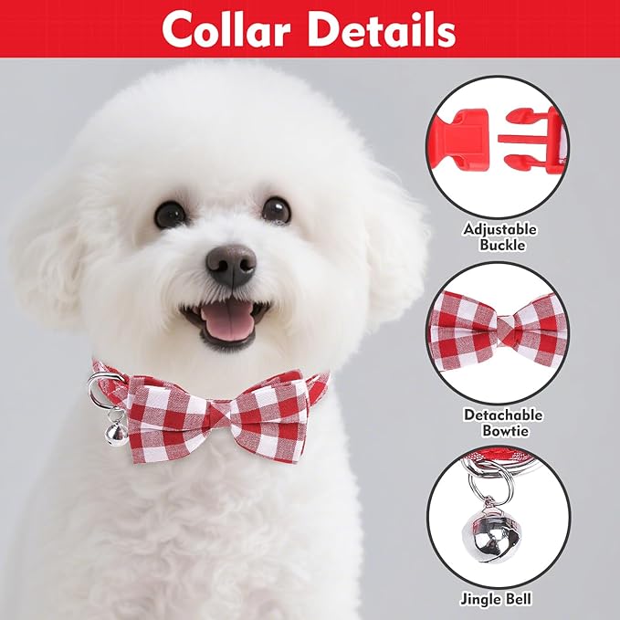 EXPAWLORER Cute Dog Harness Collar Leash Set - Red Girl Dog Harness Checkered Step-in Design, Detachable Bow Pet Collar, Adjustable No-Choke Lightweight Mesh Vest for Cats Puppy Small Dogs, S