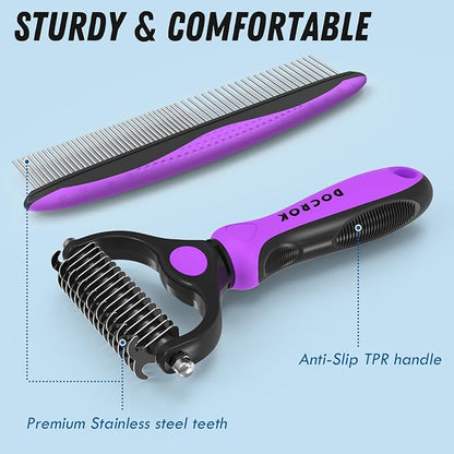 Docrok Pet Grooming Brush and Metal Comb Combo - Undercoat Rake for Dematting and Deshedding Long Matted Haired Dogs and Cats, Purple