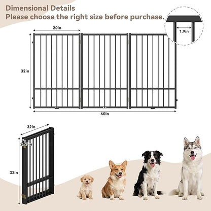 SNUOWU Full Metal Freestanding Dog Gate with Door, 32''Height Foldable Pet Dog Fence for Indoor & Outdoor, 3 Panels Extra Wide Free Standing TallDog Gates for Doorways,House,Stairs,Porch,Deck,Yard