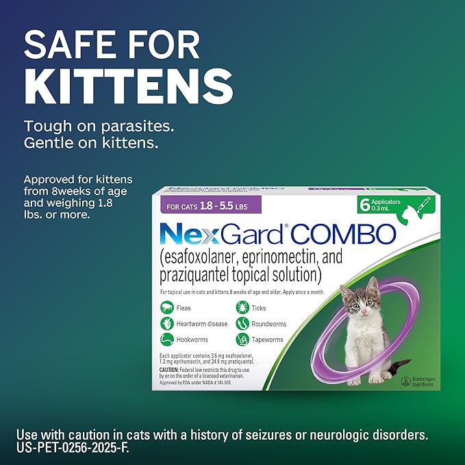 NexGard® Combo (esafoxolaner, eprinomectin, and praziquantel Topical Solution) Flea and Tick Protection Plus Heartworm Disease Preventive for Cats, 1.8-5.5 lbs. (Purple Box) 1 Dose (1 Month Supply)