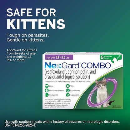 NexGard® Combo (esafoxolaner, eprinomectin, and praziquantel Topical Solution) Flea and Tick Protection Plus Heartworm Disease Preventive for Cats, 1.8-5.5 lbs. (Purple Box) 1 Dose (1 Month Supply)