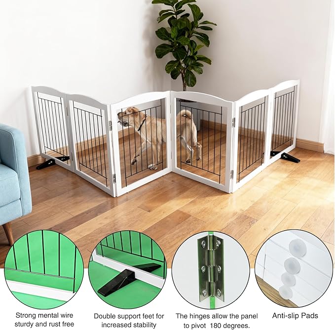 ZJSF Freestanding Dog Fence Indoor, Foldable Dog Gate for Doorways, Stairs or Hallways, Sturdy Wood Extra Wide Pet Gate with Support Feet for The House, White, 32 "Height-6 Panels