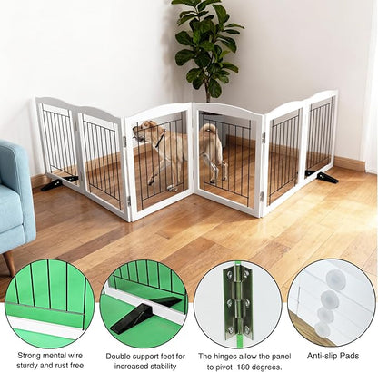 ZJSF Freestanding Dog Fence Indoor, Foldable Dog Gate for Doorways, Stairs or Hallways, Sturdy Wood Extra Wide Pet Gate with Support Feet for The House, White, 32 "Height-6 Panels