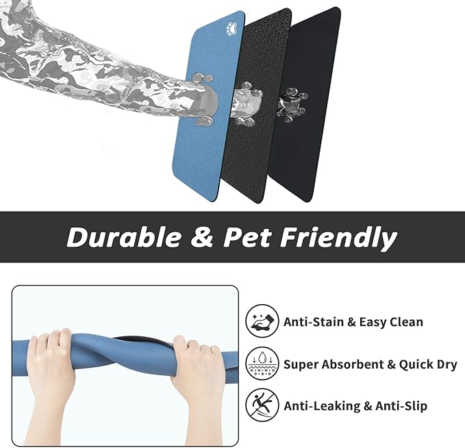 HotLive Dog Food Mat - Absorbent Cat Mat for Food and Water, No Stains Pet Feeding Bowl Mat, Easy to Clean Pet Placemats, Quick Dry Dog Water Dispenser Mat for Messy Drinkers | Paw Blue 24"x36"