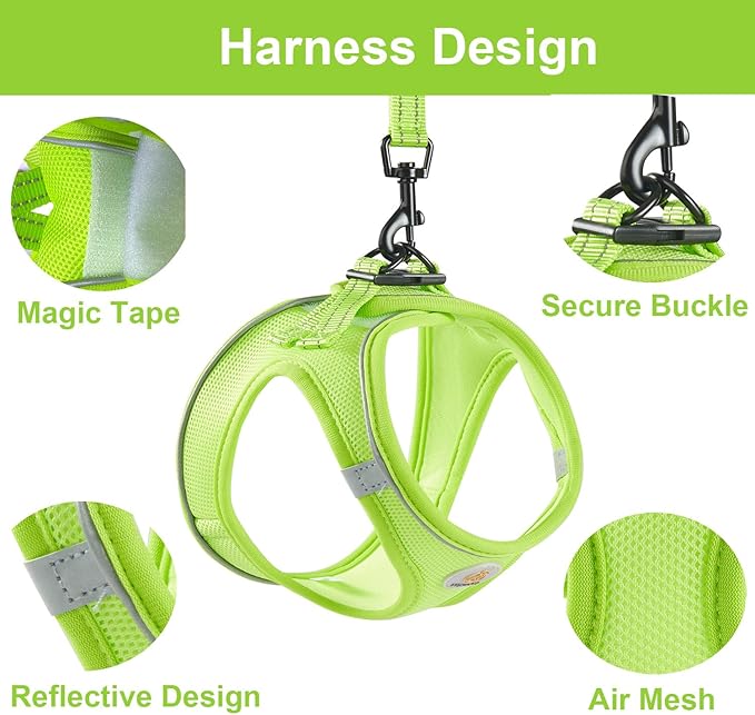 Hipubby Dog Harness and Leash Set, No Pull Soft Mesh Puppy Harness for Small Medium Dogs, Cats - Step in Reflective Breathable Lightweight Vest Harness for Walking, Training - Bright Green, S