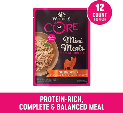 Wellness CORE Small Breed Mini Meals Shredded in Gravy Adult Wet Dog Food, Grain Free, Natural, Chicken and Turkey Dinner Recipe, 3 oz, Pack of 12 Pouches