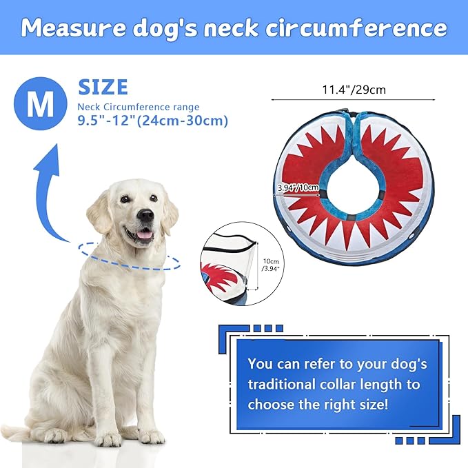 Inflatable Dog Cone Collar Soft Dog Cone Alternative After Surgery to Stop Licking for Large Medium Dogs Recovery Donut Cone Adjustable Neck Collar with Enhanced Anti-Licking Guard Shield,Shark Blue,M