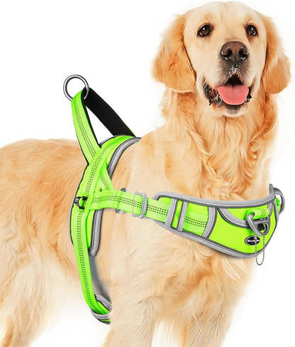 ADVENTUREMORE No Pull Large Dog Harness, Sport Dog Halter Harness Reflective Breathable Dog Vest Escape Proof Dog Harness with Easy Control Front Clip Handle for Training Walking XL Green
