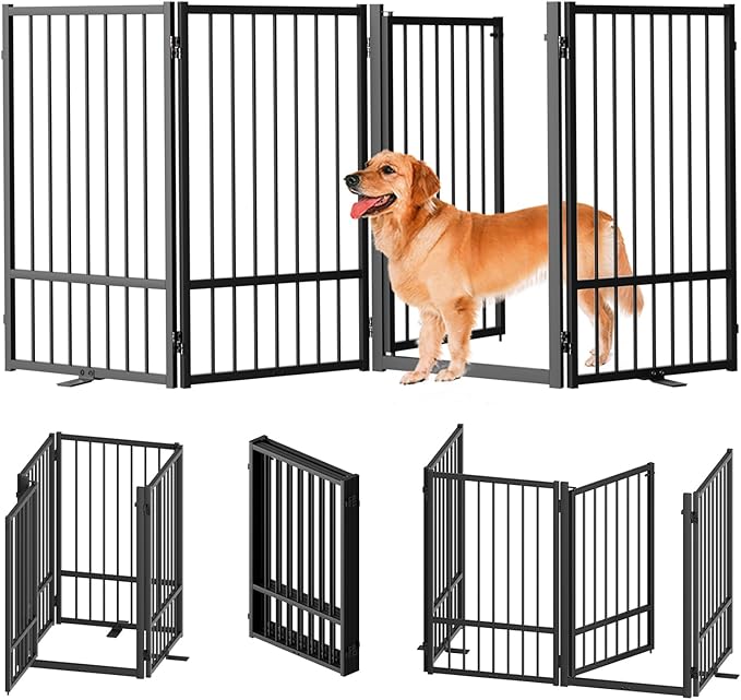 SNUOWU Full Metal Freestanding Dog Gate with Door, 32''Height Foldable Pet Dog Fence for Indoor & Outdoor, 4 Panels Extra Wide Free Standing TallDog Gates for Doorways,House,Stairs,Porch,Deck,Yard
