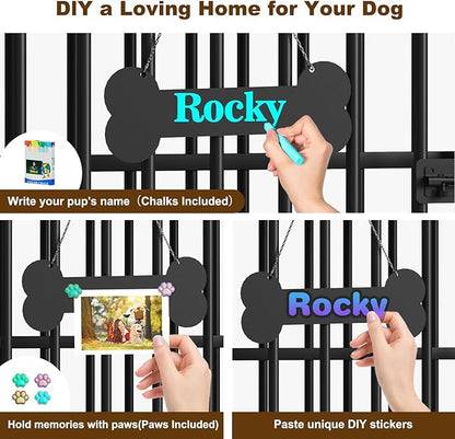 Easycom 43" Dog Crate Furniture Foldable, No Assembly Decorative Dog Kennel Indoor, XL Dog Crates for Large Dogs (60-80 lbs), Wooden Dog Cage with Adjustable Bowls and Name Tag, Rustic Brown