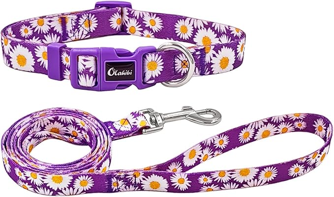 Dog Collar and Leash Set, Cute Daisy Pattern, Polyester Material, 5ft Leash, for Medium Dogs.(Medium,Purple Daisy)