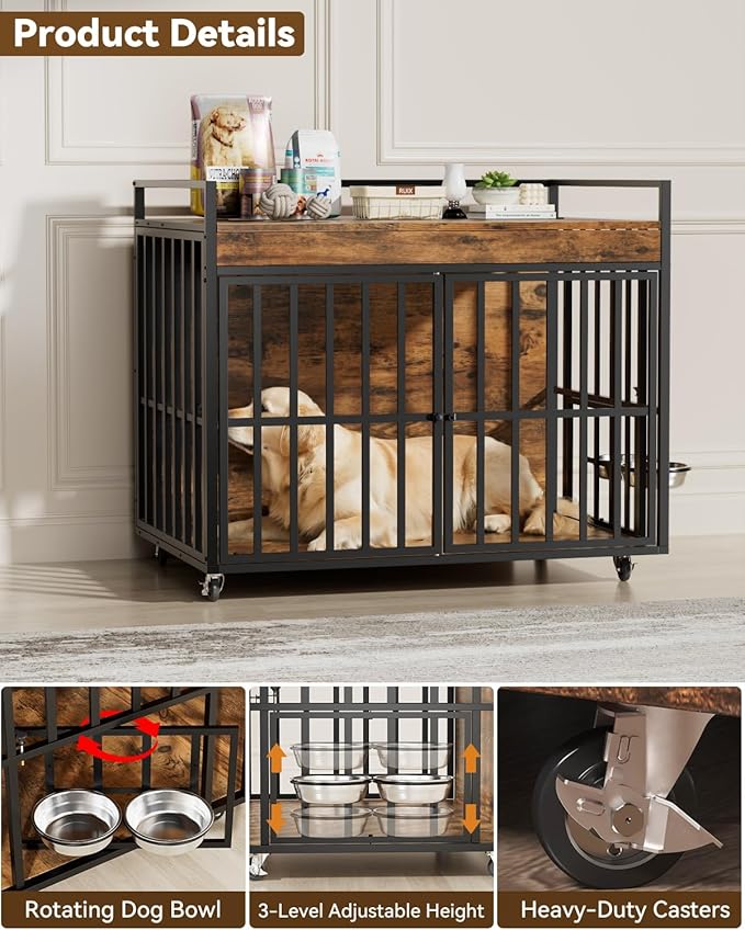 2PCS 43 Inch Dog Crate Furniture, Heavy Duty Dog Kennel with 3 Doors, 2 Adjustable Bowls and Lockable Wheels, Wooden Dog House for Large Dogs, End Table Dog Cage, Rustic Brown