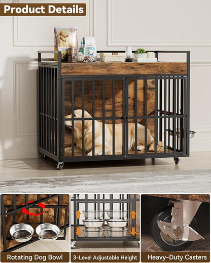 2PCS 43 Inch Dog Crate Furniture, Heavy Duty Dog Kennel with 3 Doors, 2 Adjustable Bowls and Lockable Wheels, Wooden Dog House for Large Dogs, End Table Dog Cage, Rustic Brown