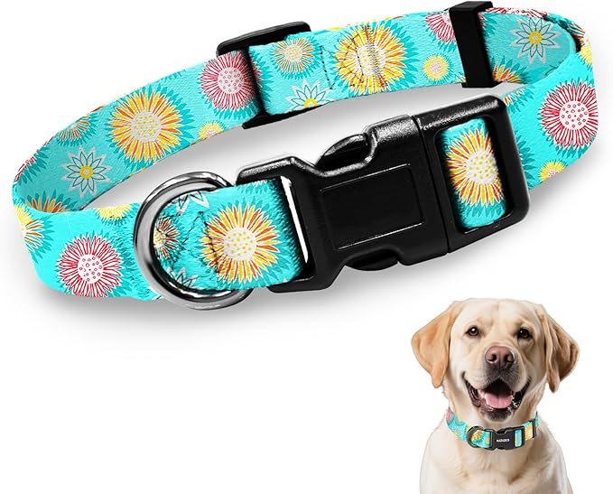 Kazazoo Dog Collar Cute and Soft Nylon Puppy Collar for Boy and Girl, Adjustable Dog Collars for Medium Large Dogs, Blue Sunflowers-L