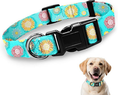 Kazazoo Dog Collar Cute and Soft Nylon Puppy Collar for Boy and Girl, Adjustable Dog Collars for Medium Large Dogs, Blue Sunflowers-L