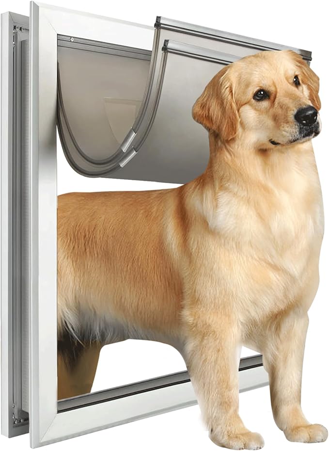 Extra Large Dog Door, XL Dog Door with 2 Self-Closing Insulated Flaps for Extreme Weather, Heavy Duty Aluminum XXL Dogs Doors for Pets Up to 230LBS, for Interior & Exterior Doors, X-Large, Sliver