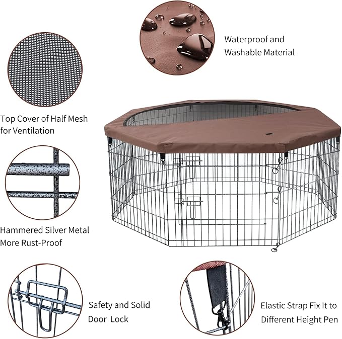NEZUC Foldable Silver Metal Dog Exercise Playpen Gate Fence Dog Crate 8 Panels 30 Inch Height Puppy Kennels with Top Cover for Animals Outdoor Indoor (with top Cover, 8 Panels 30" H)