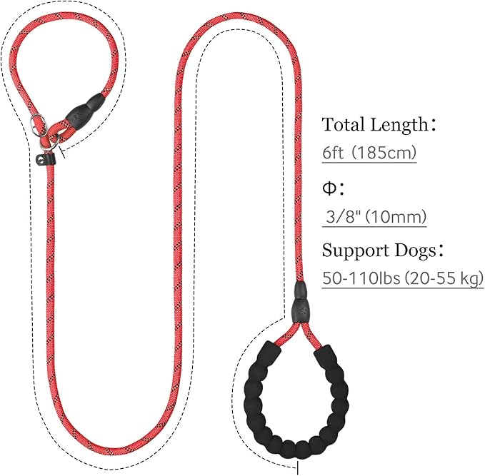 TagME 6ft Slip Dog Lead, No Pull Reflective Training Leash with Padded Handle, Professional Rope P-Leash for Small Medium Large Dogs, Heavy Duty Correction Lead for Walking & Training (Red)