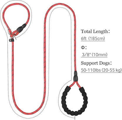 TagME 6ft Slip Dog Lead, No Pull Reflective Training Leash with Padded Handle, Professional Rope P-Leash for Small Medium Large Dogs, Heavy Duty Correction Lead for Walking & Training (Red)