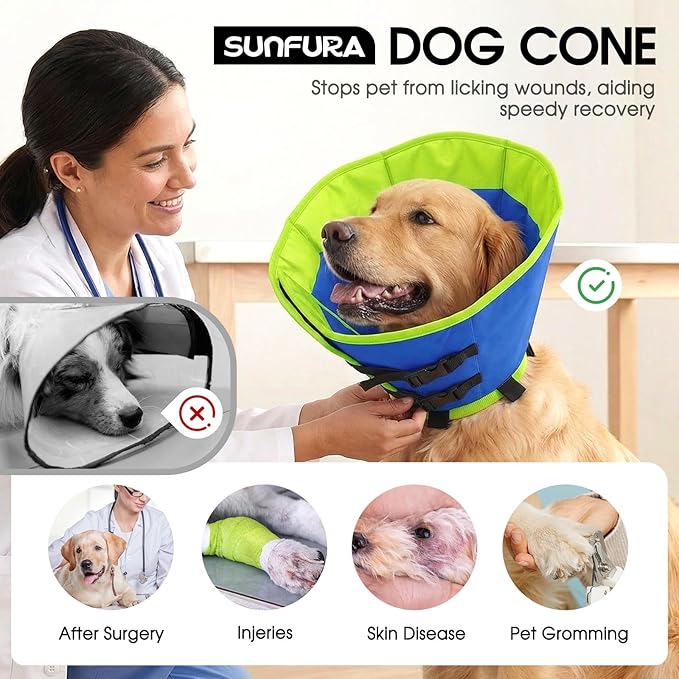 SUNFURA Dog Cones for Medium Dogs, Soft Cone for Dogs to Stop Licking, Comfy Dog Cone with Elastic Collar Loop, Recovery E-Collar Alternative for Wound Healing After Surgery, Blue M