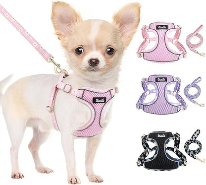 Lukovee No Pull Puppy Harness and Leash Set - Soft Lightweight Escape Proof Puppy Vest Harness, Breathable Adjustable Pet Harness with Dog Leash for Small Dogs (Pink, M)