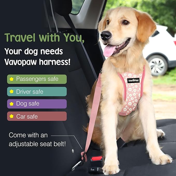 VavoPaw Dog Seat Belt, Safety Vest Dog Car Harness with Adjustable Buckle Dog Seat Belt for Vehicle Nylon Pet Safety Seat Belts Heavy Duty(M, Pink Daisy)