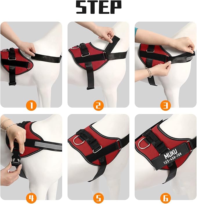 MUMUPET Custom Dog Harness Vest with 2 Personalized Name & Phone Patches, No Pull Reflective Adjustable with Handle, Soft Breathable Padding for Medium Dogs (Red, M)