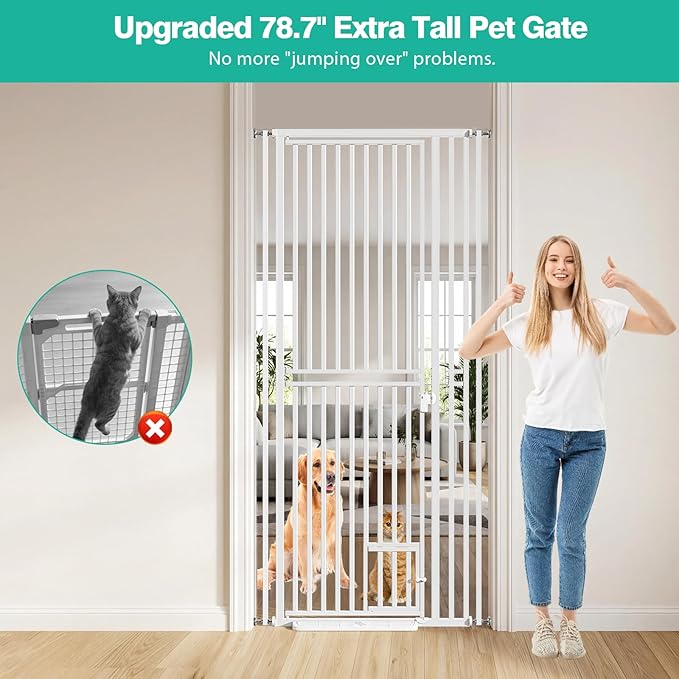 78.7 inch Extra Tall Pet Gates for Cats Dogs, Adjustable 27.5" ~ 37.4" Wide Cat Gate, Pressure Mounted Full Door Pet Gate for Doorway, Stairs,House(White, 78.7")