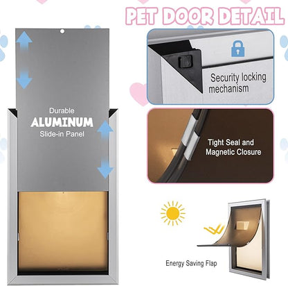 SmarketBuy Aluminium Extra Large Dog Door 17.5" W x 27.7" H Weatherproof Aluminum Frame Pet Door with Sliding Lock Panel Easy to Install Durable Magnetic Double Flaps Pet Door for Dogs Up to 220LBS