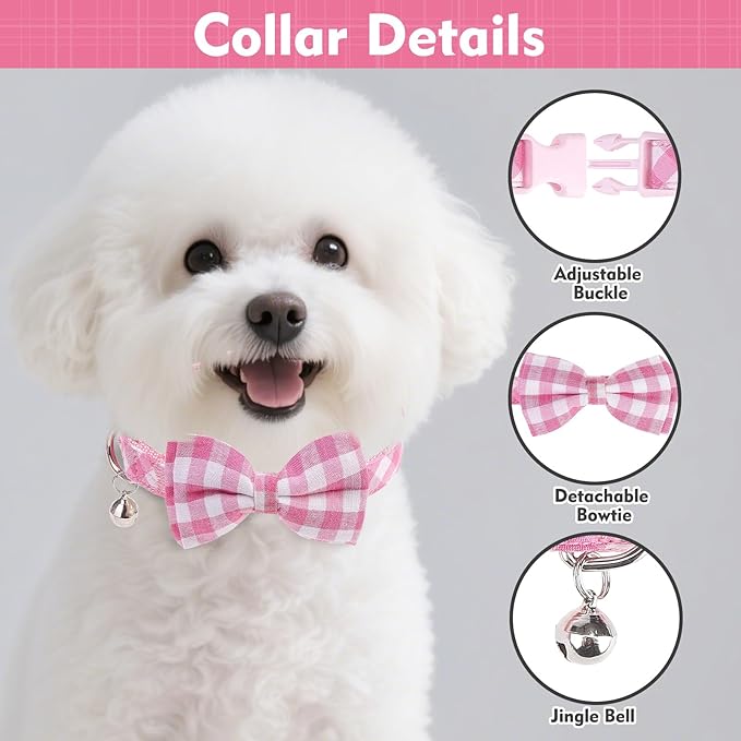 EXPAWLORER Cute Dog Harness Collar Leash Set - Pink Girl Dog Harness Checkered Step-in Design, Detachable Bow Pet Collar, Adjustable No-Choke Lightweight Mesh Vest for Cats Puppy Small Dogs, XS