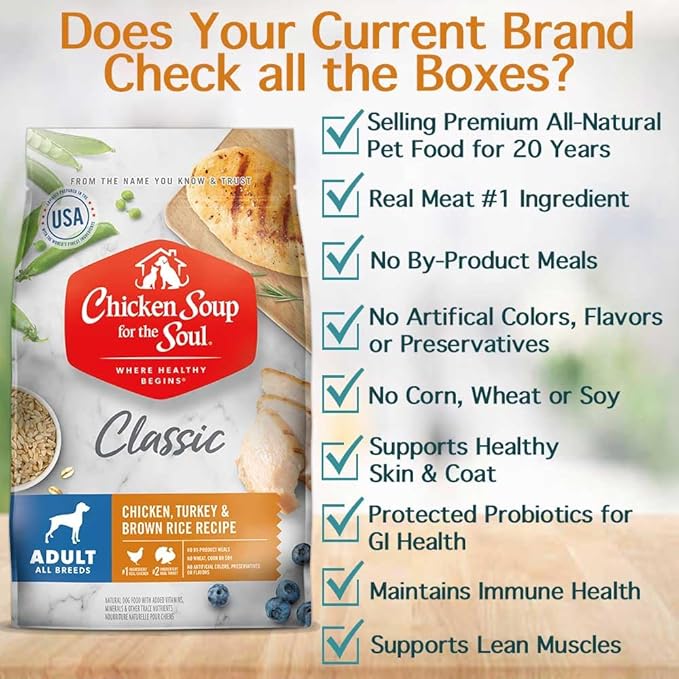 Chicken Soup for the Soul All Natural Premium Adult Dry Dog Food, Real Meat First Ingredient, No By-Products, Supports Gut & Immune Health, Chicken, Turkey & Brown Rice, 4.5lb