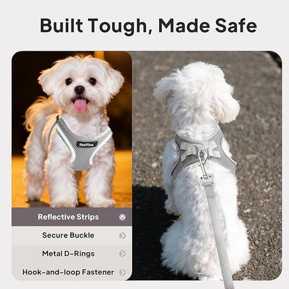 PetiFine Step in Small Dog Harness and Leash Set, Breathable All Weather Air Mesh Reflective Escape Proof, Step-in Vest Harnesses for Puppy(XS, Grey)