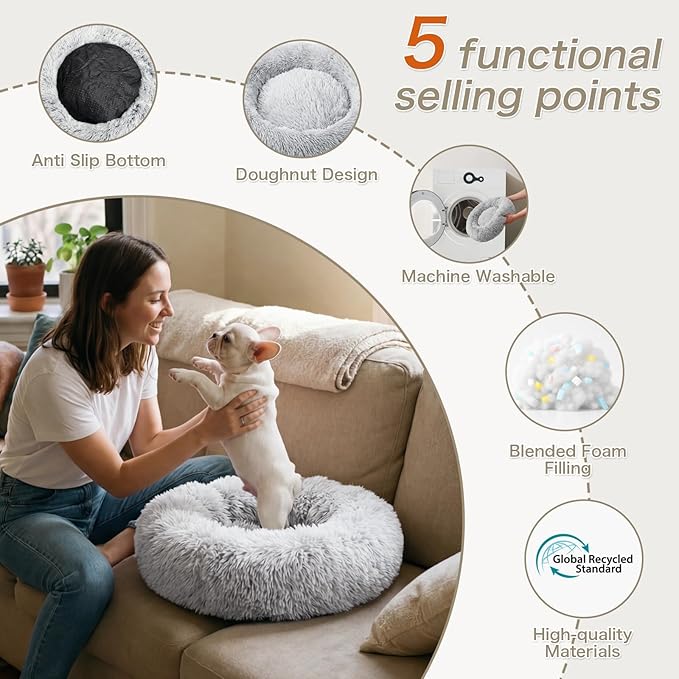 WROS Calming Dog Bed, 20" x 20" x 6" Fits Cat & Dog, Anti-Slip Round Washable Faux Fur for Doze Off, Napping Orthopedic, Grey