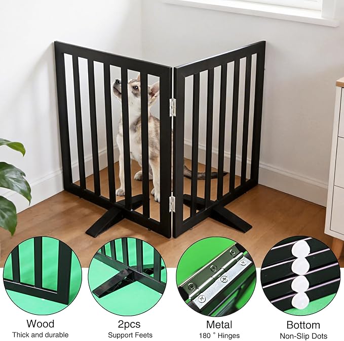 ZJSF Freestanding Indoor Dog Gate for House Foldable Wood Puppy Gate for Doorways Pet Gate for Stairs Extra Wide Pet Fence, Black, 32" Height 2 Panels