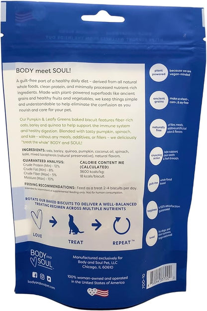 Body and Soul Pumpkin + Leafy Greens Crunchy Premium Training Dog Treat Superfood Oven Baked Biscuits Oats Barley & Quinoa - Clean Natural Plant Protein, No Additives No Fillers Made in USA 2Pk (20oz)