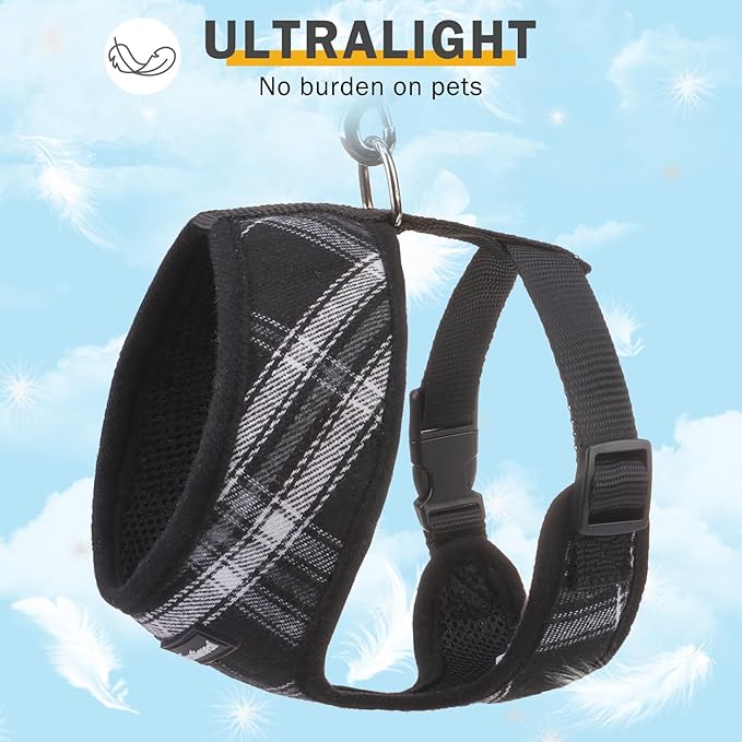 SCENEREAL No Pull Dog Harness Collar and Leash Set Small Medium Sized Dog, Soft Mesh Puppy Harnesses, No Chock Plaid Adjustable Pet Vest for Outdoor Walking Training and Running, Black M