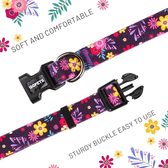 QQPETS Adjustable Soft Dog Collar: Print Flower Pink Multicolor Cute Patterns for XS Small Medium Large Pet Girl Boy Puppy Walking Running Training (S, Elegant Purple)
