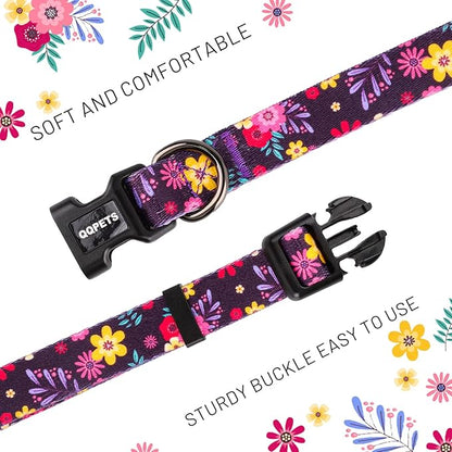 QQPETS Adjustable Soft Dog Collar: Print Flower Pink Multicolor Cute Patterns for XS Small Medium Large Pet Girl Boy Puppy Walking Running Training (M, Elegant Purple)