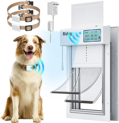 Automatic Dog Door with Collar Sensor, Large Electronic Dog Door for Door with Anti-Pinch, Mains-Powered, LCD Display, Timing Function, Metal(L)