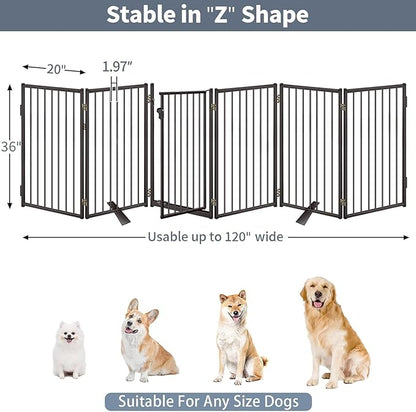 Metal Freestanding Dog Gates with Door for Outdoor Indoor,120'' Extra Wide 36'' Tall Free Standing Dog Gate for Doorways,Large Openings,Deck,Yard,Porch,Foldable Safety Pet Fence(Black,6 Panels)