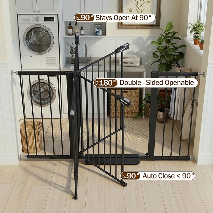 Mumeasy 29.7-57" Extra Wide Baby Gate, Auto Close Large Dog Gate for Doorways, No Drilling Pressure Mounted Pet Safety Gate for Stairs, Easy Walk Through Child Gate for Hallways, House, Indoor, Black