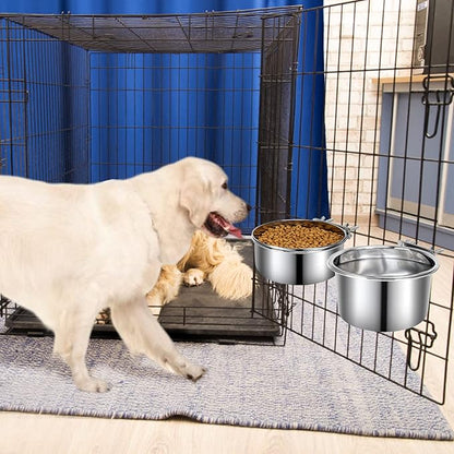 3 Pcs Large Pet Dog Food Water Bowl for Cage Stainless Steel Kennel Hanging Cats Pets Bowls with Clamp Holder Crate Feeder Dish for Medium Large Dogs (7.1x3.5'' & 6.3x2.6'' & 5.5x3.1'')
