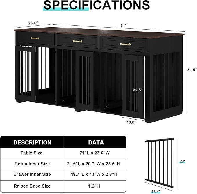 Dog Crate Furniture - Indoor Wooden Dog Kennel Crate Furniture with 2 Dividers, 3 Drawers, and 3 Lockable Doors, 72"x23.6"x31.5"H, Black
