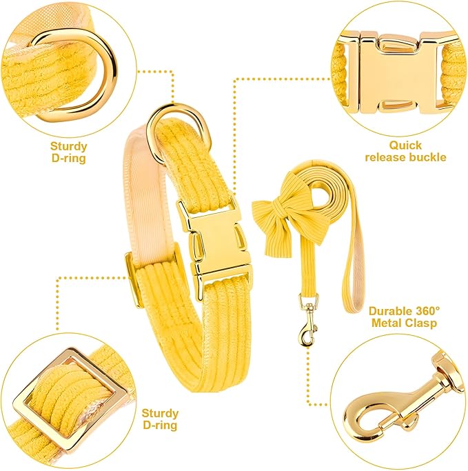 Dog Collar and Leash Set with Bowtie, Girl Dog Collars Metal Buckle Adjustable for Small Medium Dogs (Yellow, S: Neck 10"-16" Leash 5 FT)
