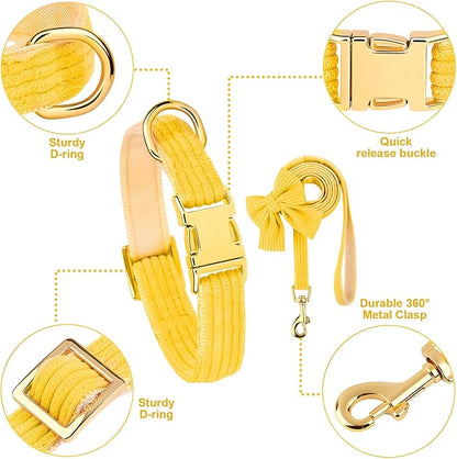 Dog Collar and Leash Set with Bowtie, Girl Dog Collars Metal Buckle Adjustable for Small Medium Dogs (Yellow, M: Neck 13"-22" Leash 5 FT)
