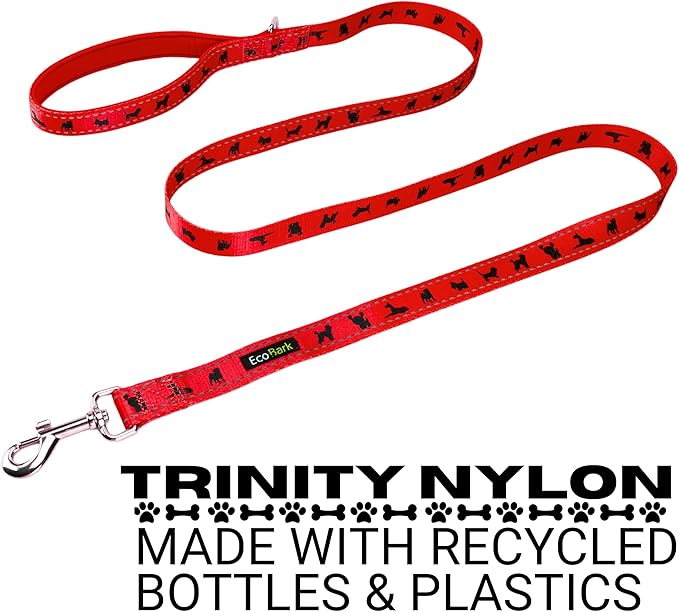 EcoBark Dog Leash - Soft & Reflective Red Comfort Leashes with Padded Handle - Strong Durable Heavy Duty - Training and Pulling for Small, Medium or Large Dogs