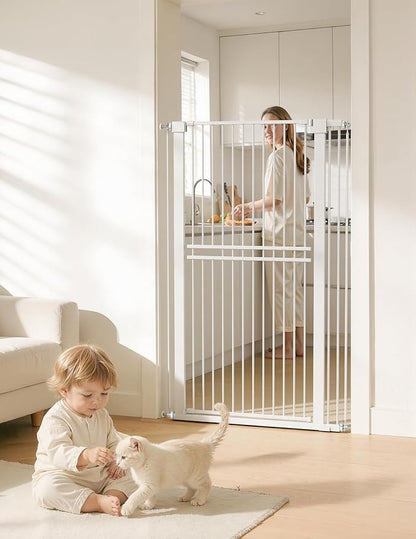 No Pawblems 55" Extra Tall Pet Gate for Cat/Dog, 31.5-48" Wide Auto Close Tall Cat Gate with 25.6" Wide Walk-Thru Door Opening, 1.37" Ultra Narrow Spacing, NO Drilling Pressure Mounted, White